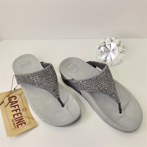 GREY Sandals Size 5 Sparkly Summer Wedge Sandals Arch Support Comfort Flip Flops - Picture 1 of 12